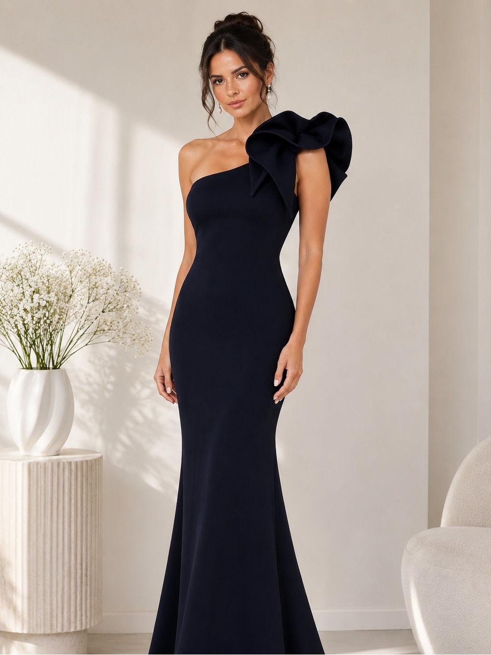 Betsy & Adam Navy One Shoulder Ruffle Gown Size 4 new